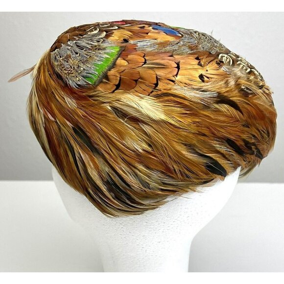 VTG Womens Genuine PHEASANT FEATHER Mid-Century Fascinator PILLBOX HAT EUC - Picture 3 of 6